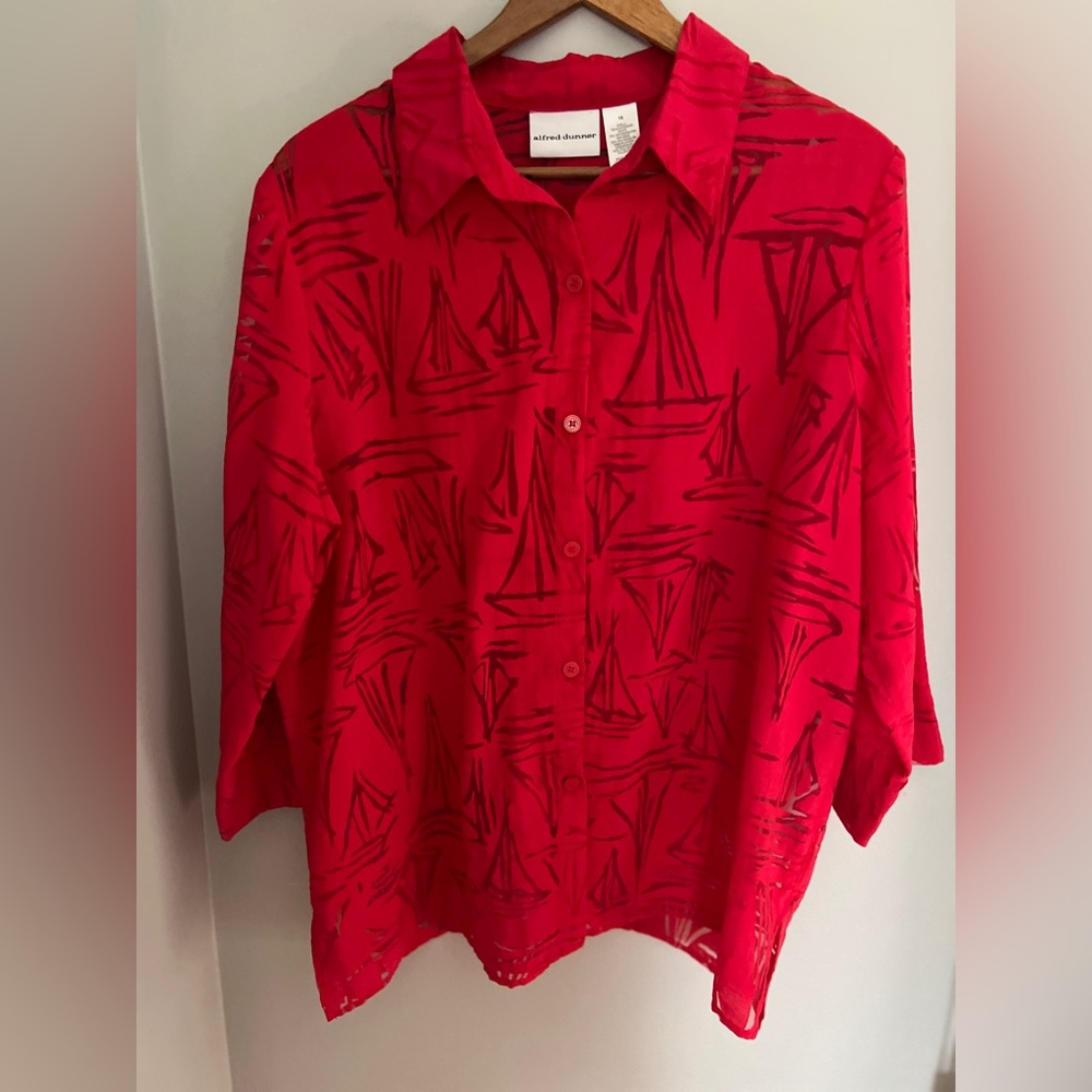 Alfred Dunner Red Button-Up Top Boat Print 16
